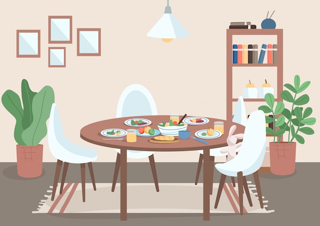 Eetkamer Egale Kleur Illustratie Tafel Met Stoel En Eten Op Borden Spot Voor Familiemaaltijd Schappen In De Buurt Van Potplanten Woonkamer 2d Cartoon Interieur Met Meubilair Op Achtergrond Premium Vector