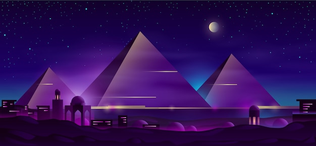 Egyptische piramides nacht landschap cartoon Gratis Vector