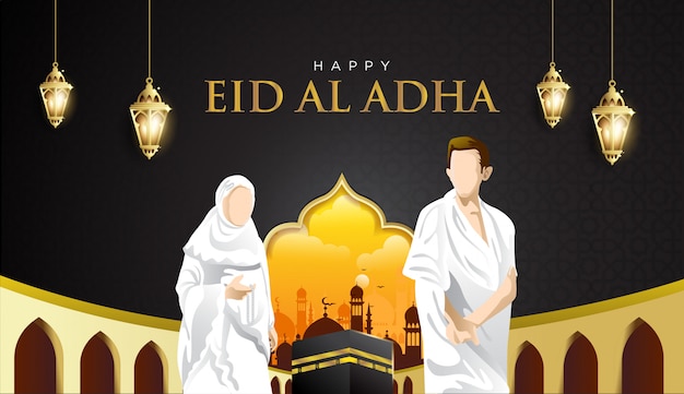Eid al adha en hajj mabrour-achtergrond met kaaba, man en vrouwen hajj character Premium Vector