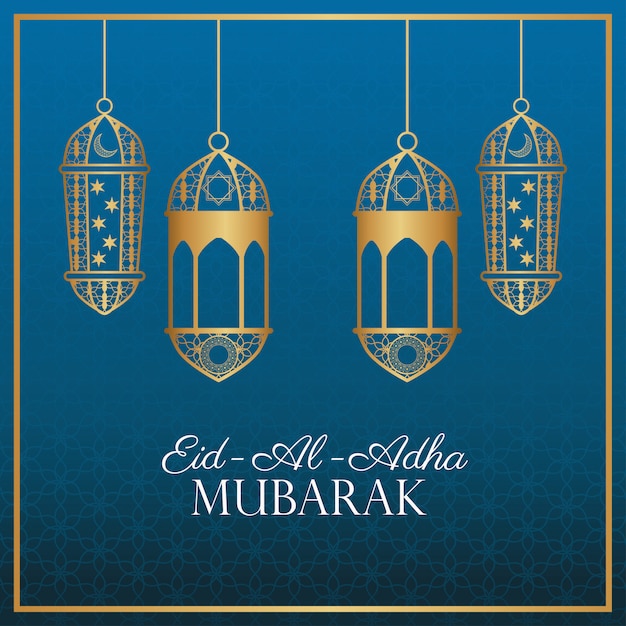 Eid al adha mubarakviering met het hangen van gouden lantaarns