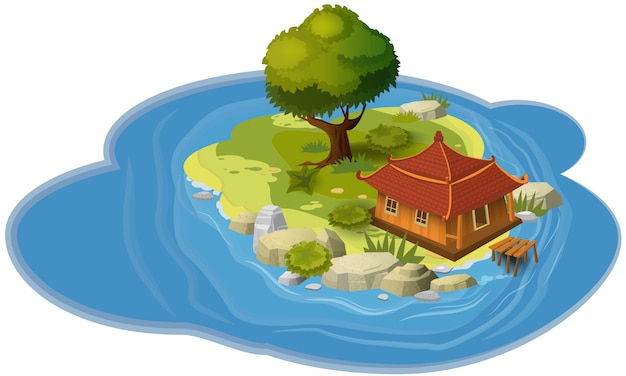 Eilandconcept, voor computerspellen en toepassingen, hut, derv, rots, overzees, kaart, banner, vector, illustratie Premium Vector