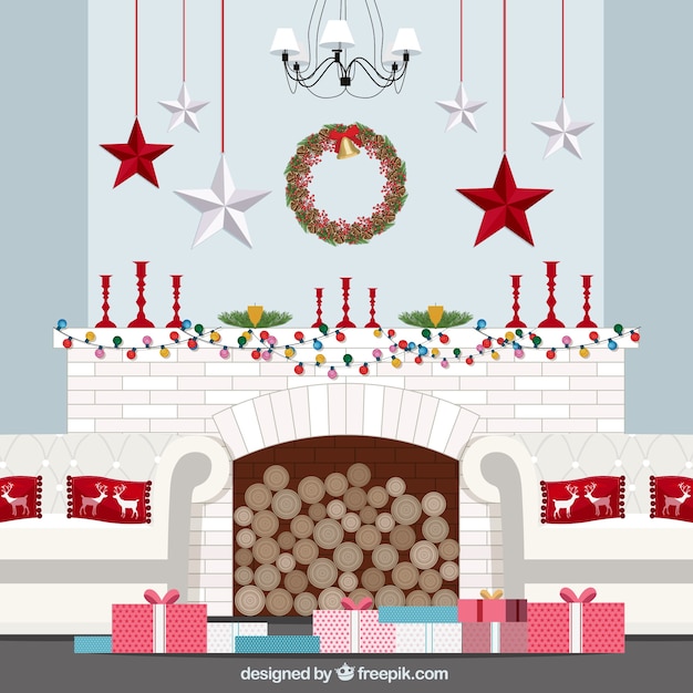 Elegant kerst woonkamer Premium Vector