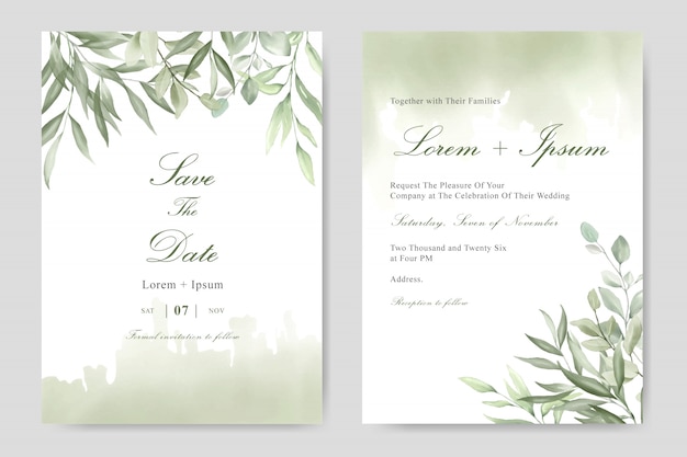 Elegante aquarel gebladerte bruiloft uitnodiging sjabloon kaart Premium Vector