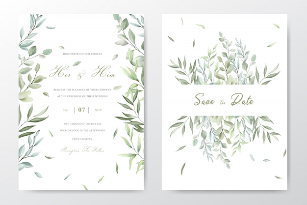Elegante aquarel gebladerte bruiloft uitnodiging sjabloon kaart Premium Vector