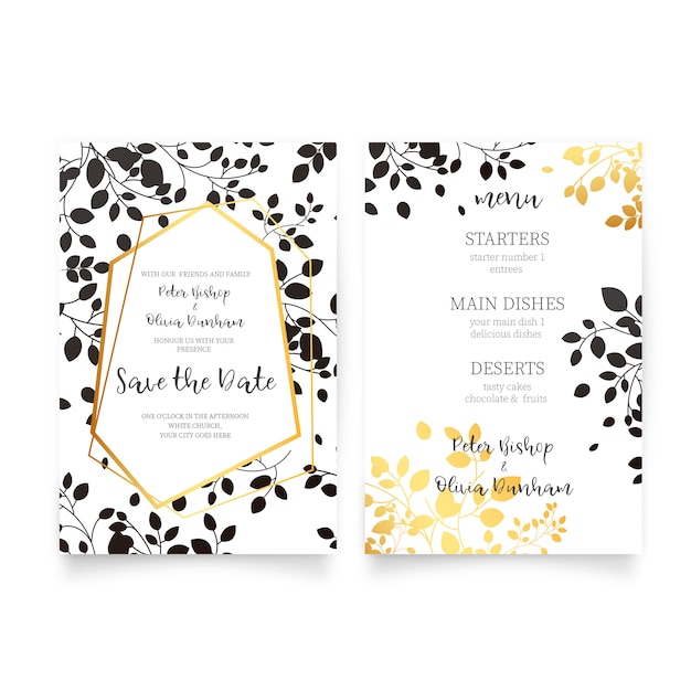 Elegante huwelijksuitnodiging & menu met gouden en zwarte bladeren Gratis Vector