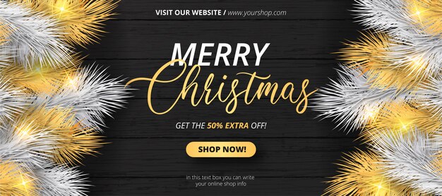 Elegante kerst verkoop banner met witte en gouden bladeren Gratis Vector