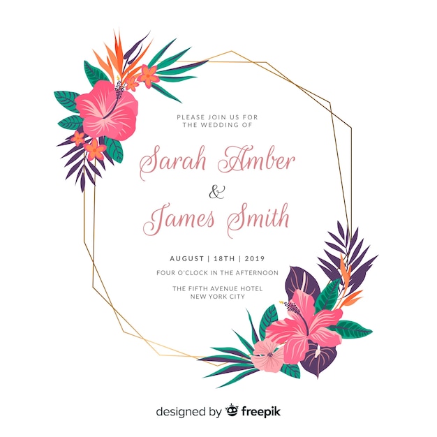 Elegante platte bloemen frame bruiloft uitnodiging Gratis Vector