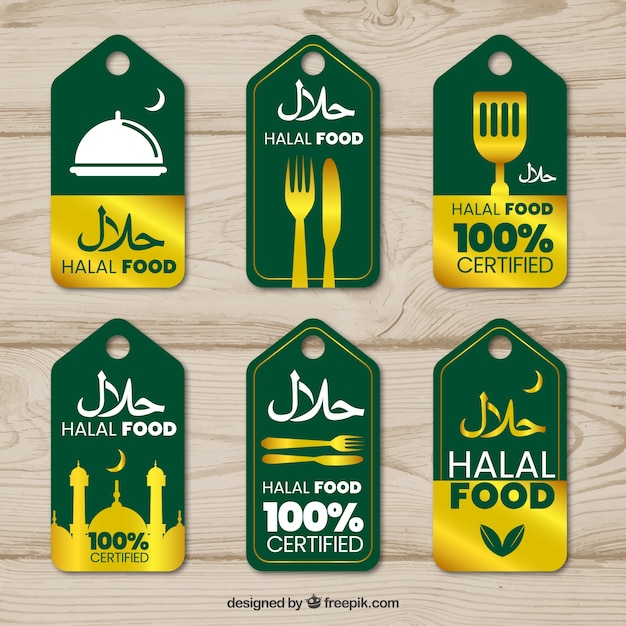 Elegante reeks halal voedseletiketten met gouden stijl Gratis Vector