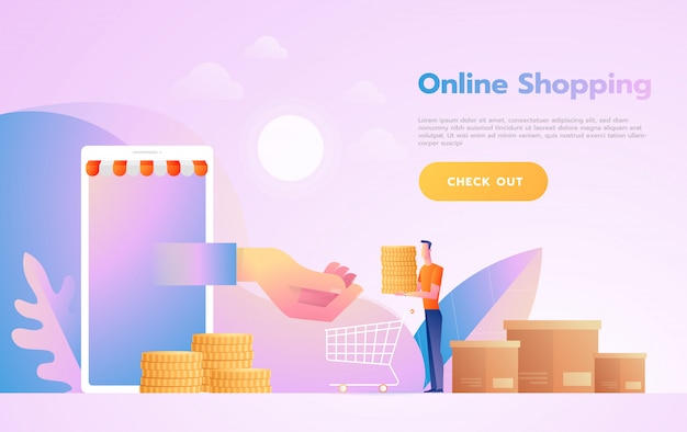 Elektronische handel of online het winkelen concept met handen die uit het computerscherm bereiken die een het winkelen product houden. Premium Vector