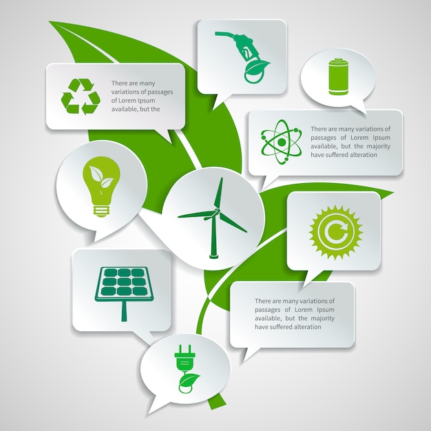 Energie en ecologische papieren spraak bubbels zakelijke infographics ontwerpelementen met groene blad concept vectorillustratie Gratis Vector