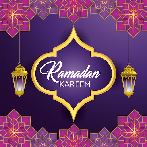 Etiket met lampen die aan ramadan kareem-viering hangen ...