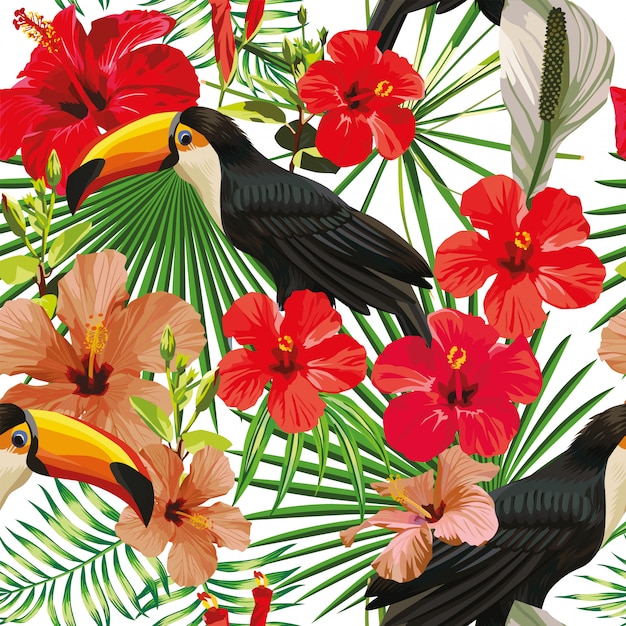 Exotische compositie van tropische vogels toekan bladeren en hibiscus bloemen naadloze patroon print jungle vector behang Premium Vector