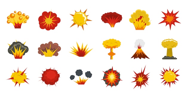 Explosie pictogramserie. platte set van explosie vector iconen collectie geïsoleerd Premium Vector