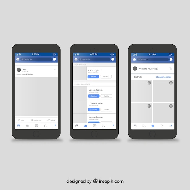Facebook-app-interface met minimalistisch ontwerp Gratis Vector