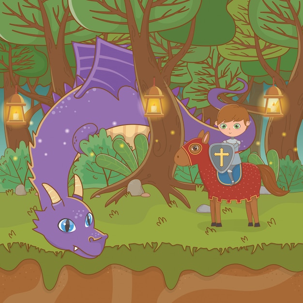 Fairytale landschapsscène met draak en strijder in paard Premium Vector