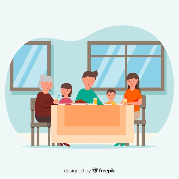 Familie zit rond de tafel Gratis Vector