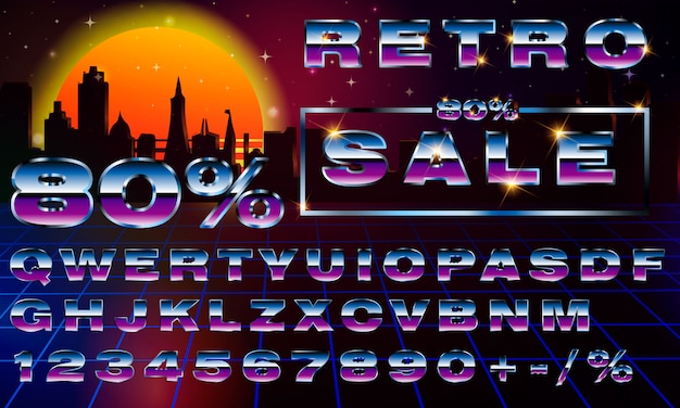 Fancy retrofuturistische neon typografie lettertype. synthwave vaporwave-stijl. Premium Vector