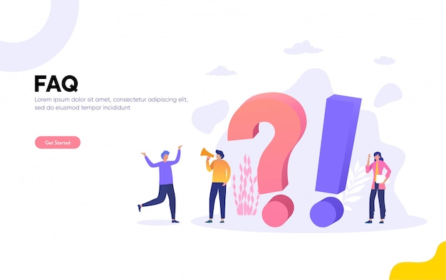 Faq en qna-afbeelding, personen personages staan naast vraagtekens. vrouw en man online ondersteuningscentrum. vlakke afbeelding, bestemmingspagina, sjabloon, ui, web Premium Vector