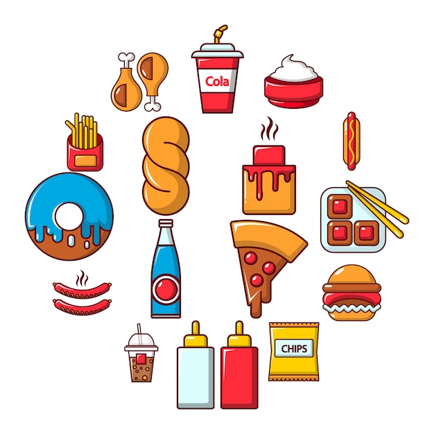 Fast-food icon set, cartoon stijl | Premium Vector