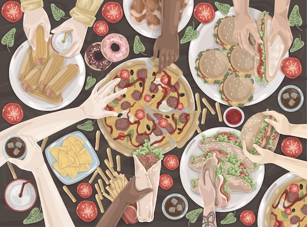 Fastfood, vriendelijke ontmoeting, feest, lunchset Premium Vector