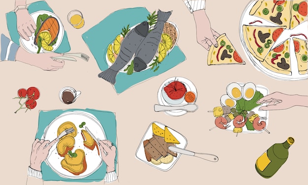 Feestelijke Tafel Gedekte Tafel Vakantie Hand Getekende Kleurrijke Illustratie Bovenaanzicht Premium Vector