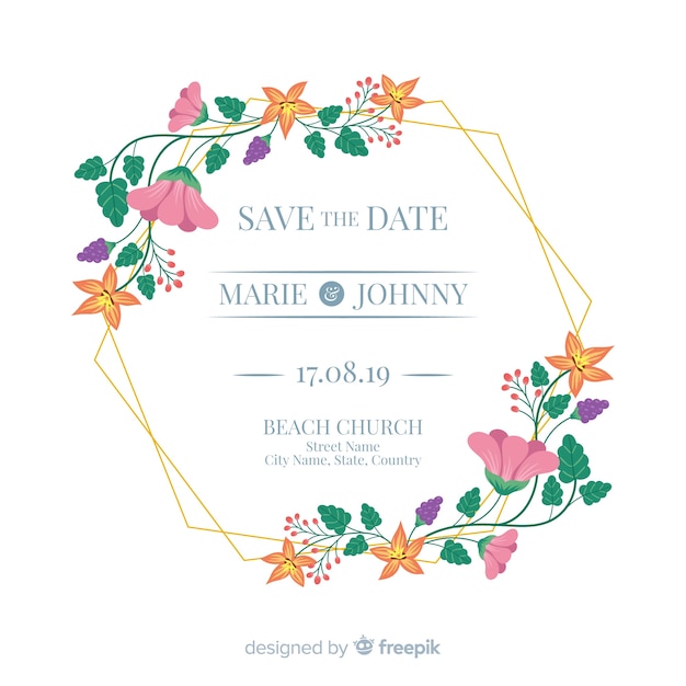 Flat floral frame van een bruiloft uitnodiging Gratis Vector