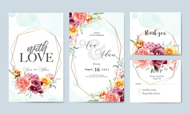 Floral aquarel bruiloft uitnodiging sjabloon set Premium Vector