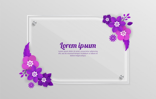 Florale achtergrond met glazen frame sjabloon voor winkelen evenementen, vakantie en groet, uitnodigingskaarten Premium Vector