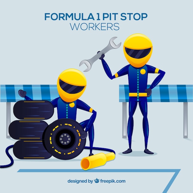 Formule 1 pitstopwerkers met plat ontwerp Gratis Vector