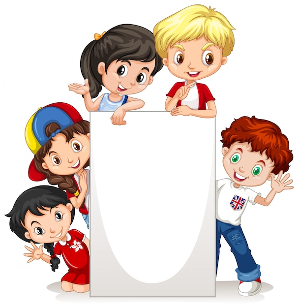 Frame met gelukkige jonge geitjes op papier Gratis Vector