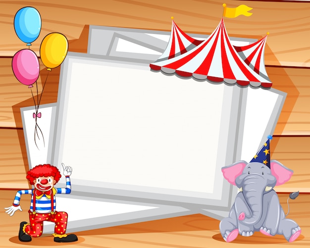 Frame ontwerp met clown en olifant met copyspace Gratis Vector