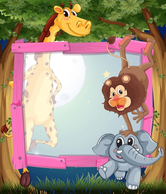 Frame ontwerp met wilde dieren 's nachts Gratis Vector