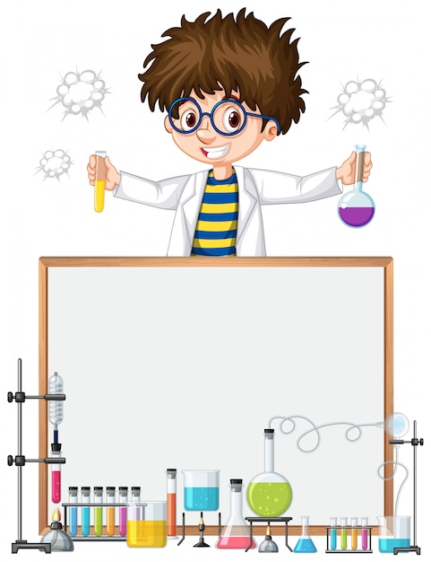 Frame sjabloon met kind in science lab Gratis Vector