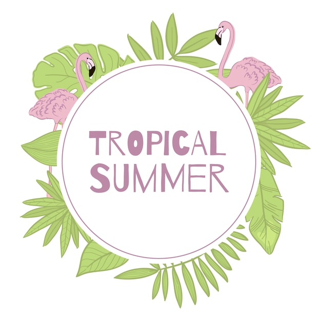 Frame vector tropische zomer. groene bladeren, flamingo. Premium Vector