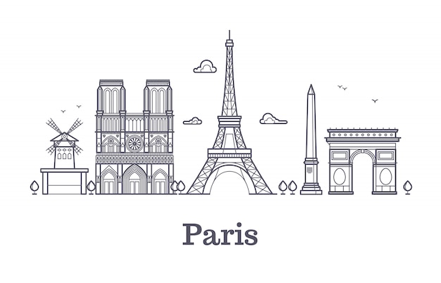 Franse architectuur, van de de stadshorizon van parijs de vectorillustratie van het de stadsoverzicht Premium Vector