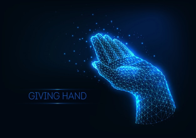 Futuristische gloeiende lage veelhoekige geven menselijke hand gemaakt van lijnen, sterren, lichte deeltjes. Premium Vector