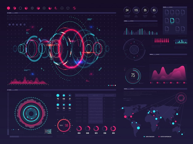 Futuristische hud digitale touchscreen weergave met grafische grafische beelden, panelen en grafiek vector infographic sjabloon. illustratie van grafiekgegevens en digitale weergave, interface toekomstig visueel paneel Premium Vector