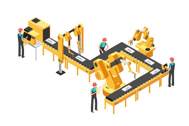 Geautomatiseerde lopende band, fabriekstransportband met arbeiders en robotachtig wapens isometrisch industrieel vectorconcept Premium Vector