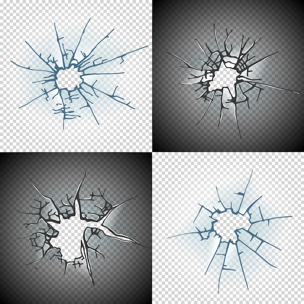 Gebroken ruit of deur gebarsten gat realistisch transparant geïsoleerd glas Premium Vector