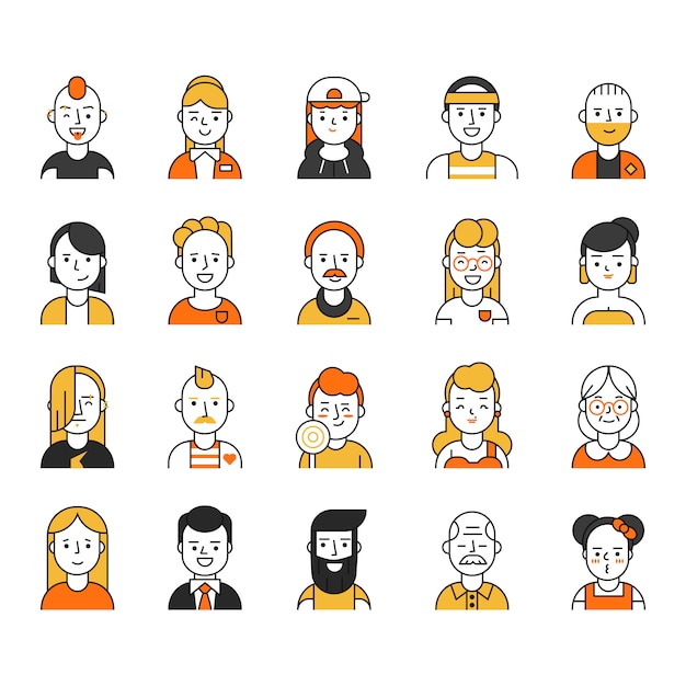 Gebruikers icon set in lineaire stijl, verschillende grappige karakters mannelijk en vrouwelijk Premium Vector