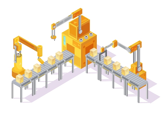Geel grijs transportbandsysteem met controlebord, robotachtige handen en de verpakking van online isometrische vectorillustratie Gratis Vector
