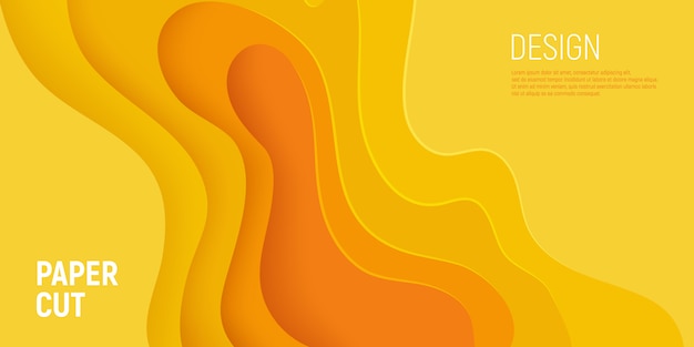 Geel papier gesneden banner met 3d slijm abstracte achtergrond en gele golven lagen. Premium Vector