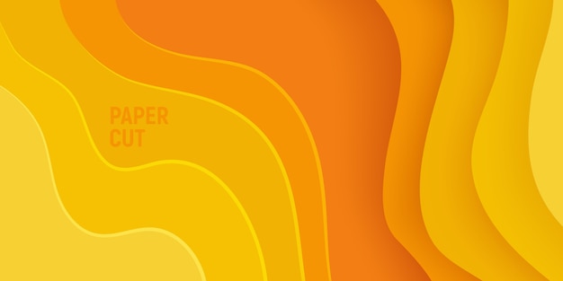 Geel papier gesneden banner met 3d slijm abstracte achtergrond en gele golven lagen. Premium Vector