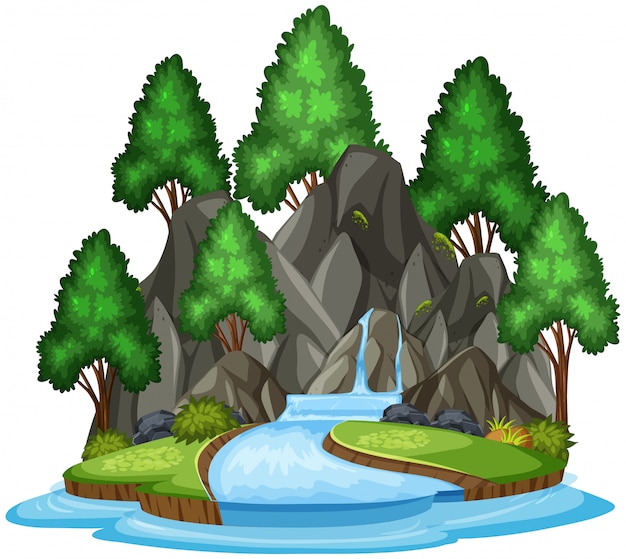 Geïsoleerd watervallandschap op wit Premium Vector