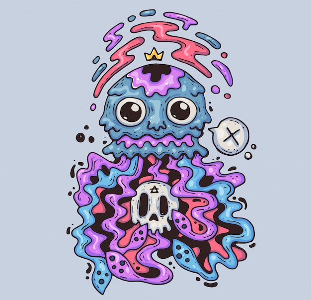 Gekke kwallen met een schedel. cartoon afbeelding karakter in de moderne grafische stijl. Premium Vector
