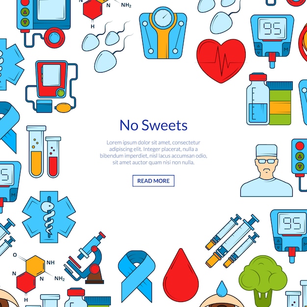 Gekleurde diabetes pictogrammen banner set Premium Vector
