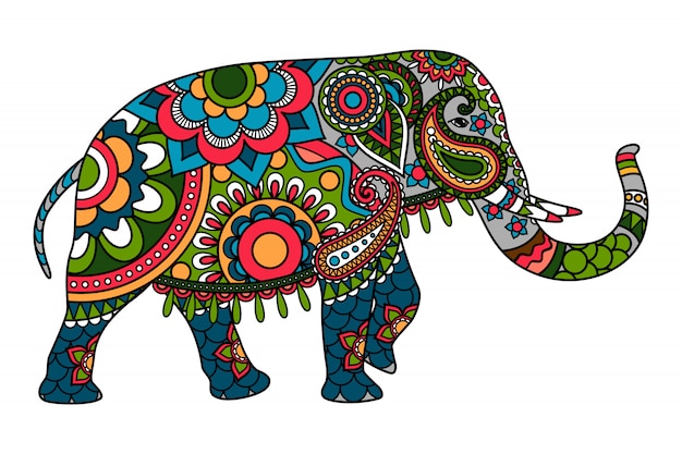 Gekleurde doodle indische olifant Premium Vector