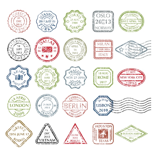 Gekleurde grungy postzegels die in verschillende vormen van 24 stad in de wereld worden geplaatst Premium Vector