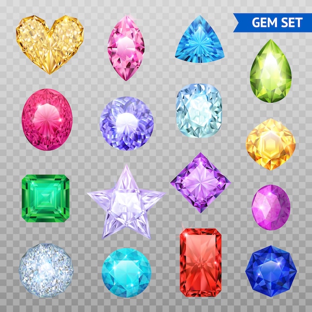 Gekleurde realistische en geïsoleerde edelstenen transparante icon set edelstenen glinsteren en schijnen Gratis Vector