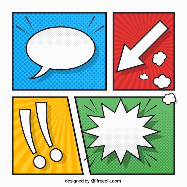 Gekleurde vignetten set met tekenen en komische speech bubble Gratis Vector